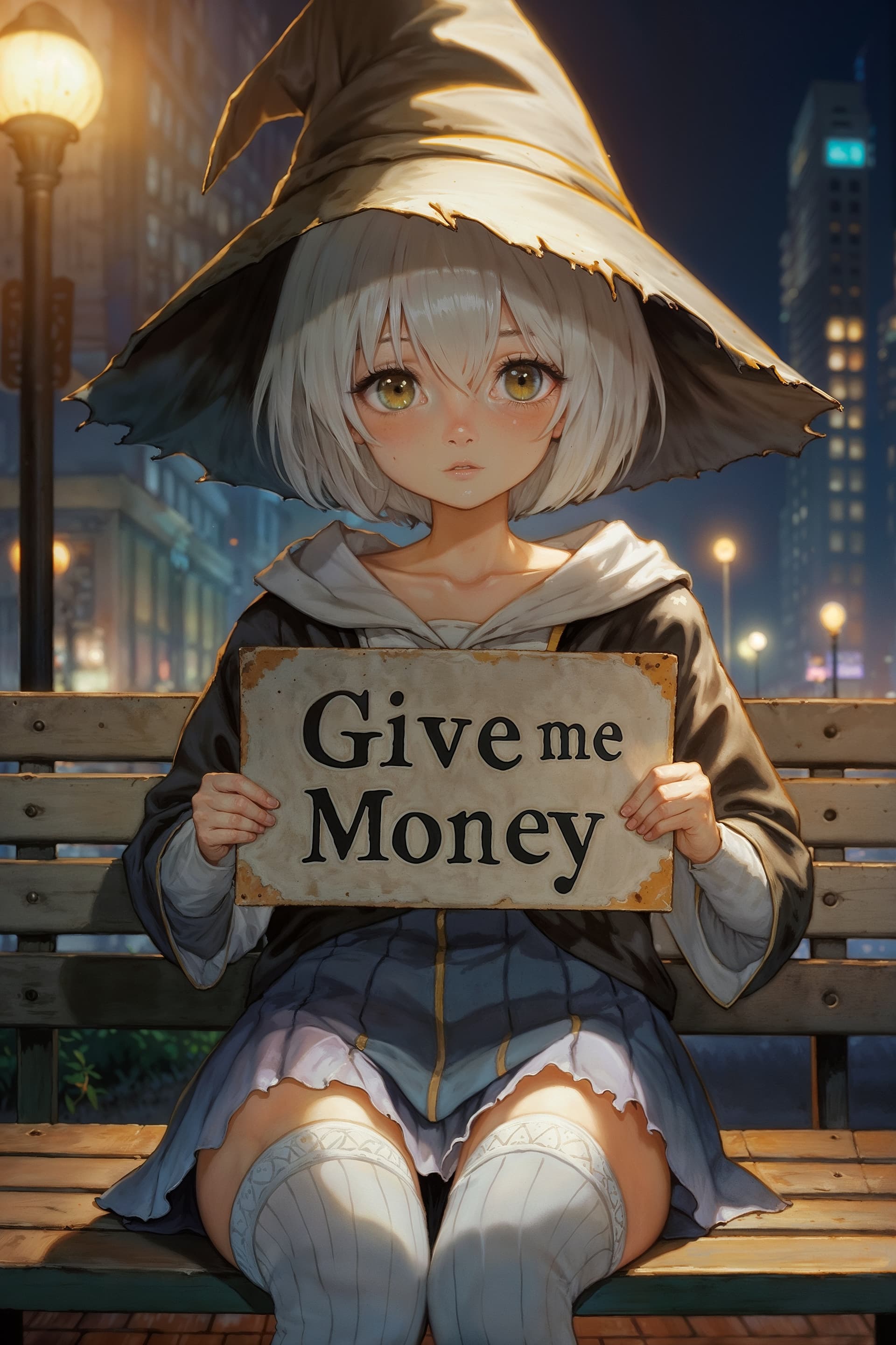 AI generated: 1lady, solo, cute, white short hair, wizard hat, close-up, shaded face, (clothes:2.0), oversized shi...