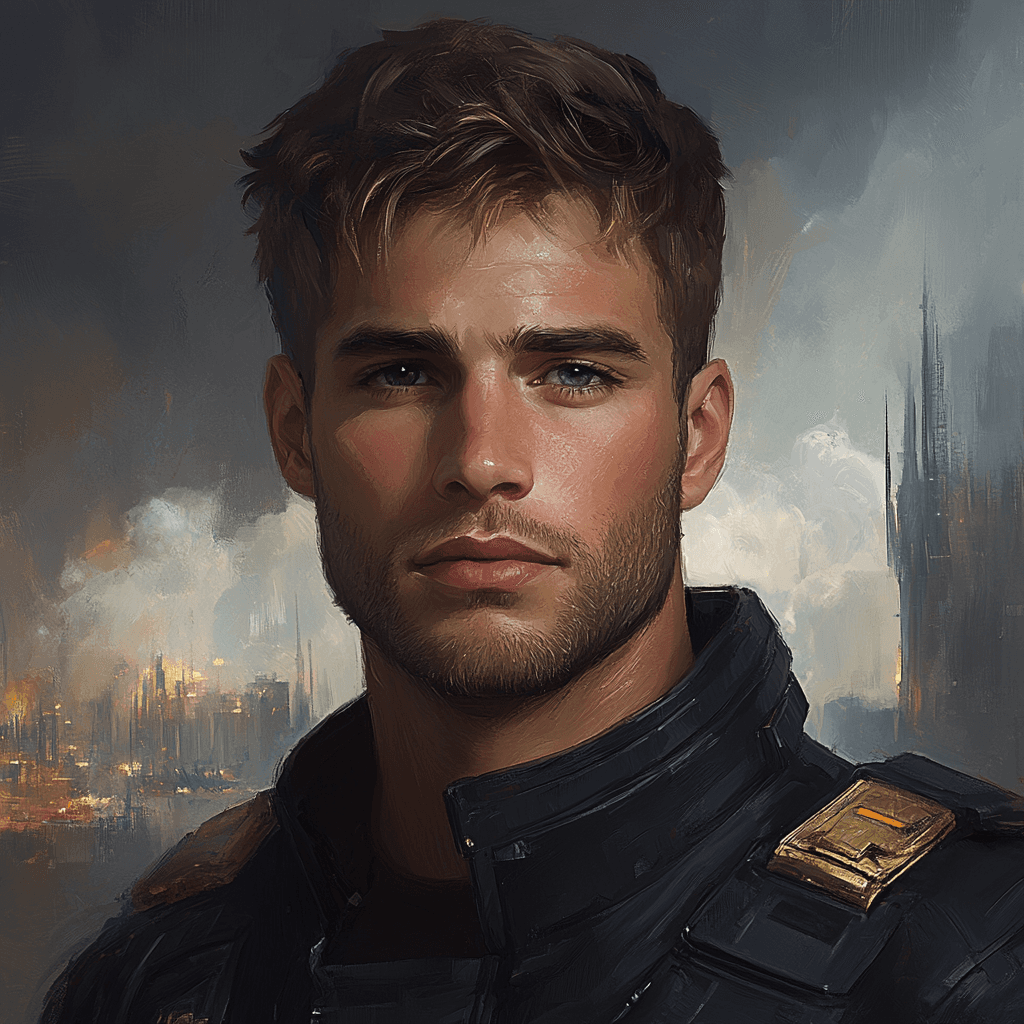 AI generated: A handsome man with brown hair and light stubble, wearing a black spacesuit with gold trim, looking ...