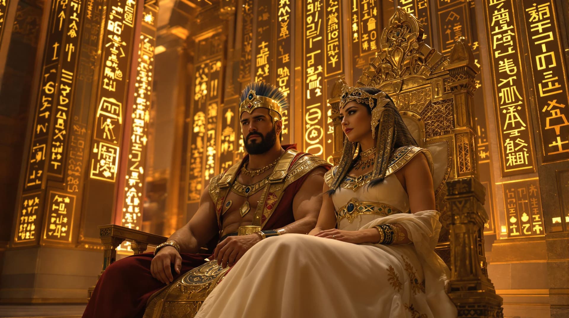 AI generated: In the grand hall of an ancient Egyptian temple, 
a Norse Viking worrior king: (bodybuilder,Warrior'...