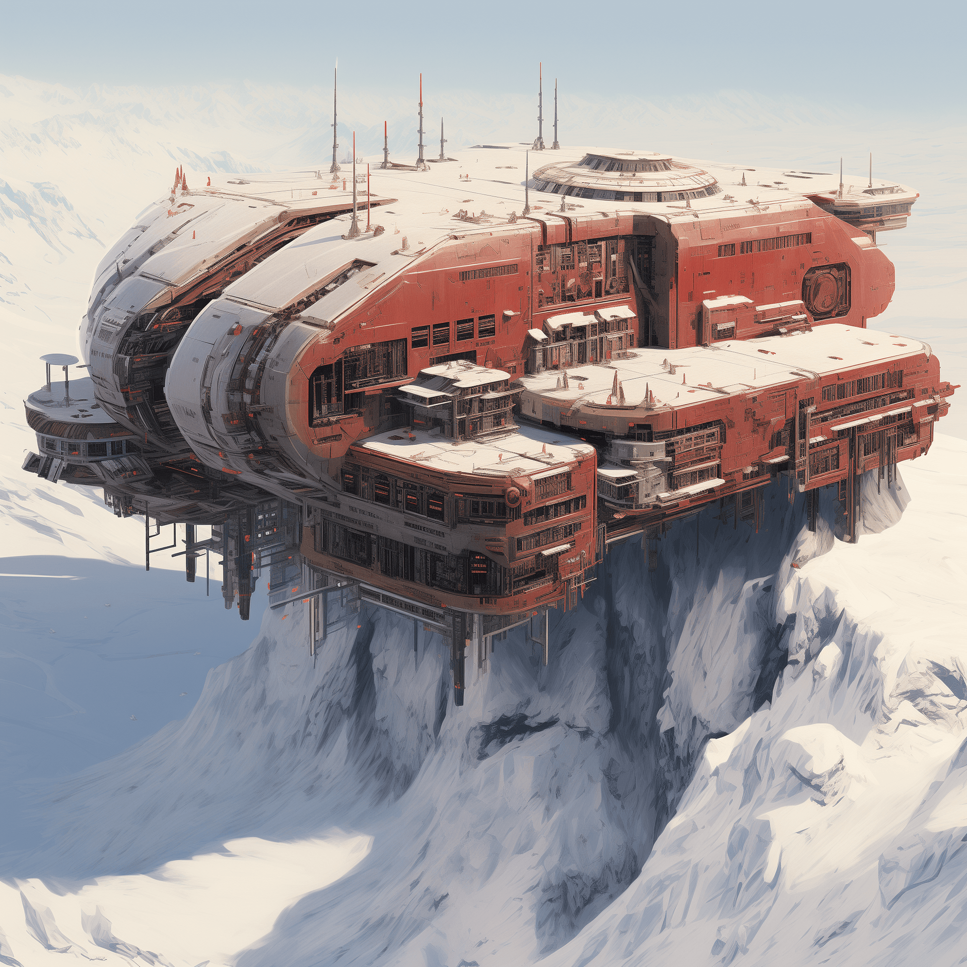 AI generated: futuristic spaceship floating in snow and ice, red and beige color, in the style of fantastical ruin...