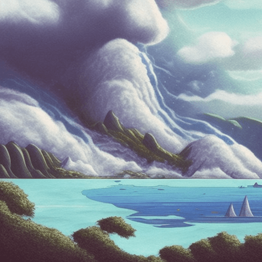 AI generated: an island in the clouds hovering the shore of a tropical sea.Windy day,stormy weather,birds in the s...