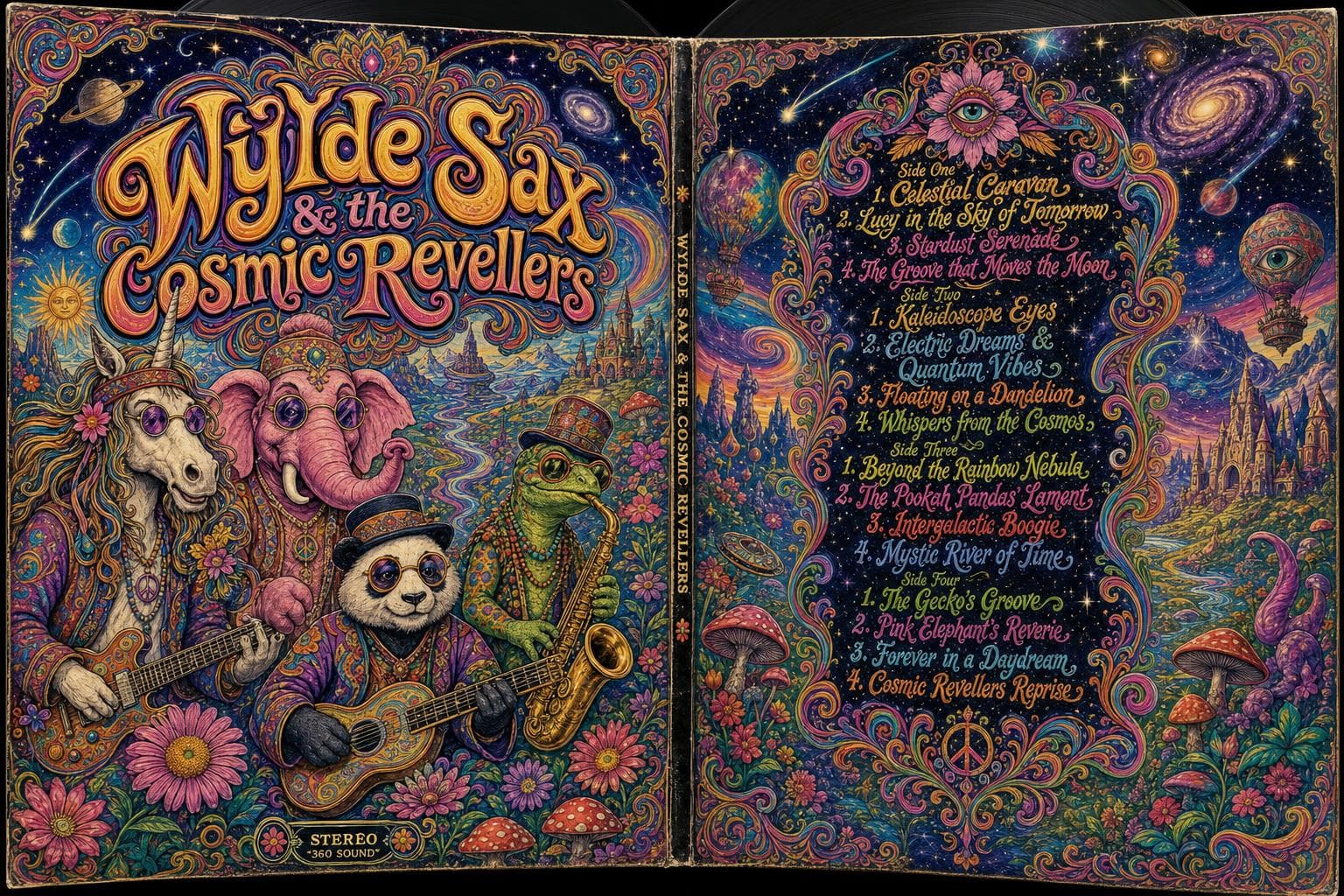 AI generated: Vinyl record double LP embossed album cover, late-60s psychedelia style, opened to reveal vibrant le...