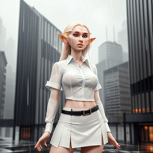 AI generated: A realistic looking female elf white shirt and a short skirt in a modern world that is raining and s...