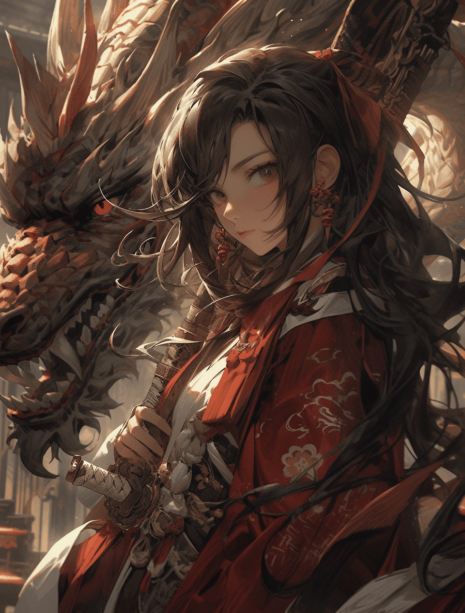 AI generated: the swords of the dragonborn, in the style of neo-traditional japanese, magali villeneuve, close-up ...