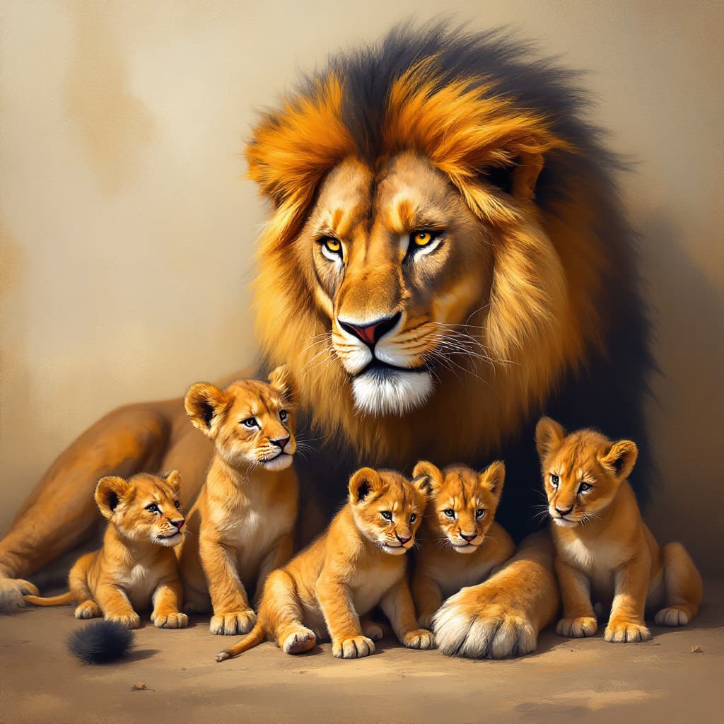 AI generated: digital art of a beautiful and fierce momma lion and five cubs, oil painting style, Matte, various t...