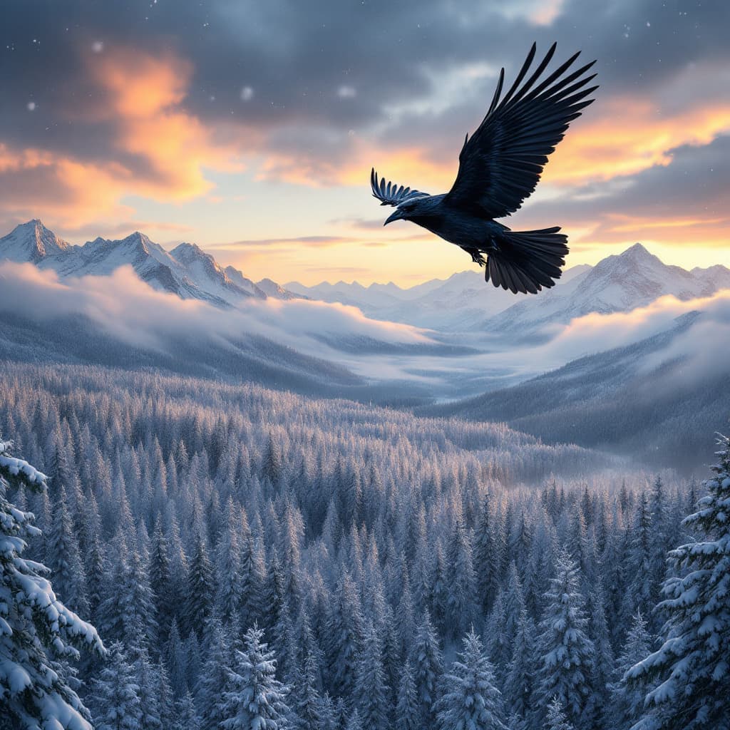AI generated: A curved black crow soaring across the sky, overlooking the forest canopy above a vast, snow-covered...