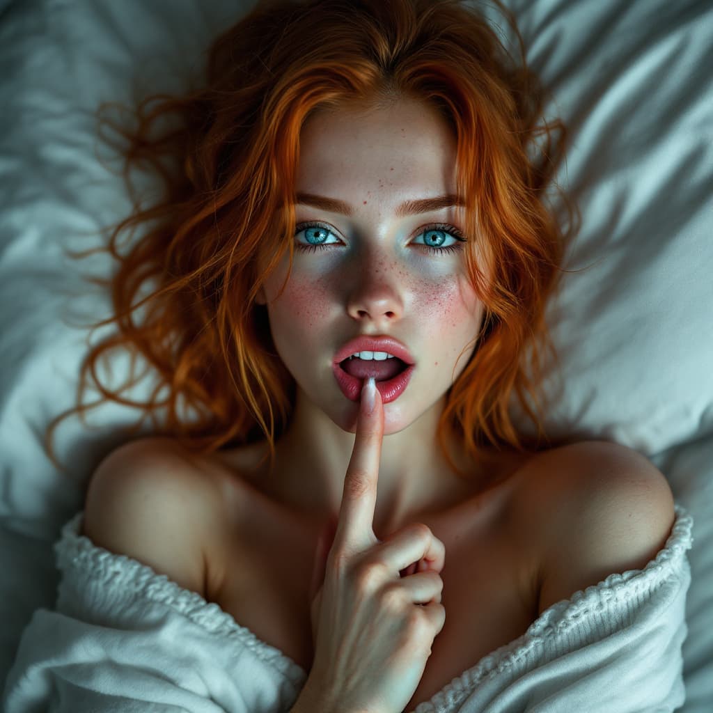 AI generated: ginger girl with freckles in bed, with finger in mouth with blue eyes , sperm shot in face