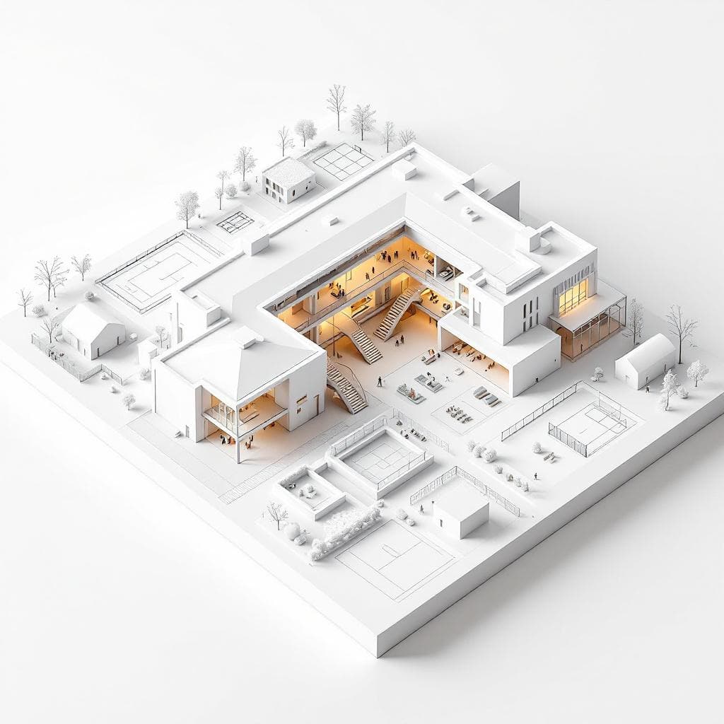 AI generated: Minimalist white architectural model of a modern educational complex in a clean studio setting. A tw...