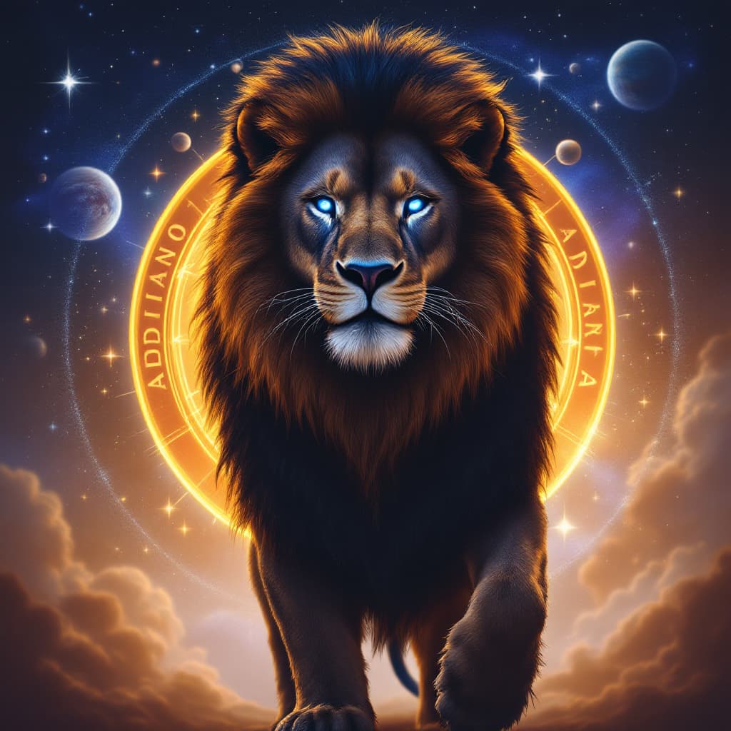 AI generated: A lion with blue eyes standing in front of an aura circle, logo 'Adriano' surrounded by planets and ...