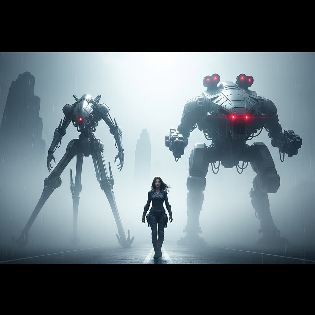 AI generated: a misty road with two massive walking mechs, one tall with long legs and the other standing on its h...