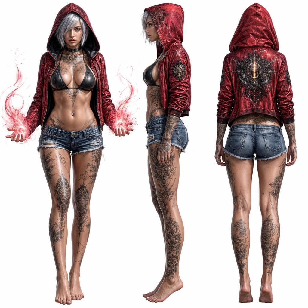 AI generated: A girl with short, shiny silver hair peeking out from under a stylish red hooded jacket, a black lea...