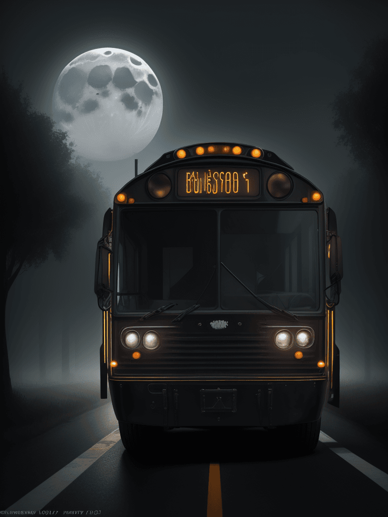 AI generated: passenger boarding the glossy black school bus at a distance, foggy, moonlight<lora:xl_more_art-full...