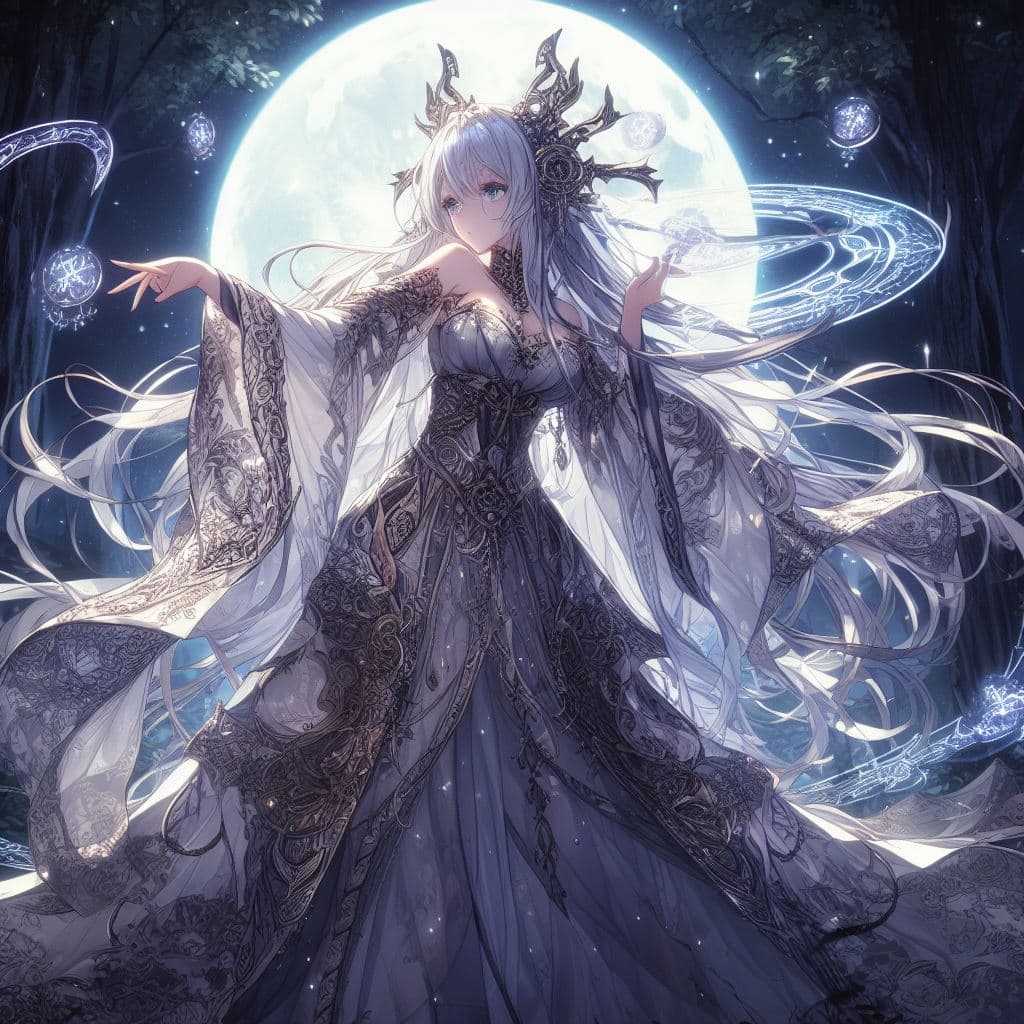 AI generated: An enigmatic sorceress, anime-inspired, with long silver hair cascading down her back, adorned in in...