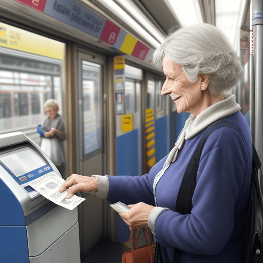 AI generated: realistic picture of an elderly lady purchasing a public transport ticket paying using cash in a ret...
