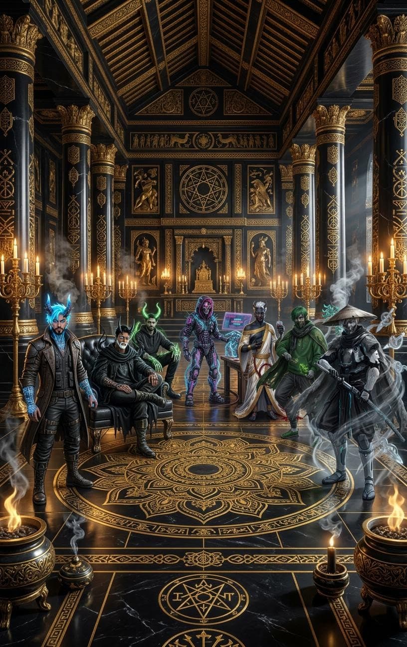 AI generated: put all these demons in a group inside a temple with black and gold style
