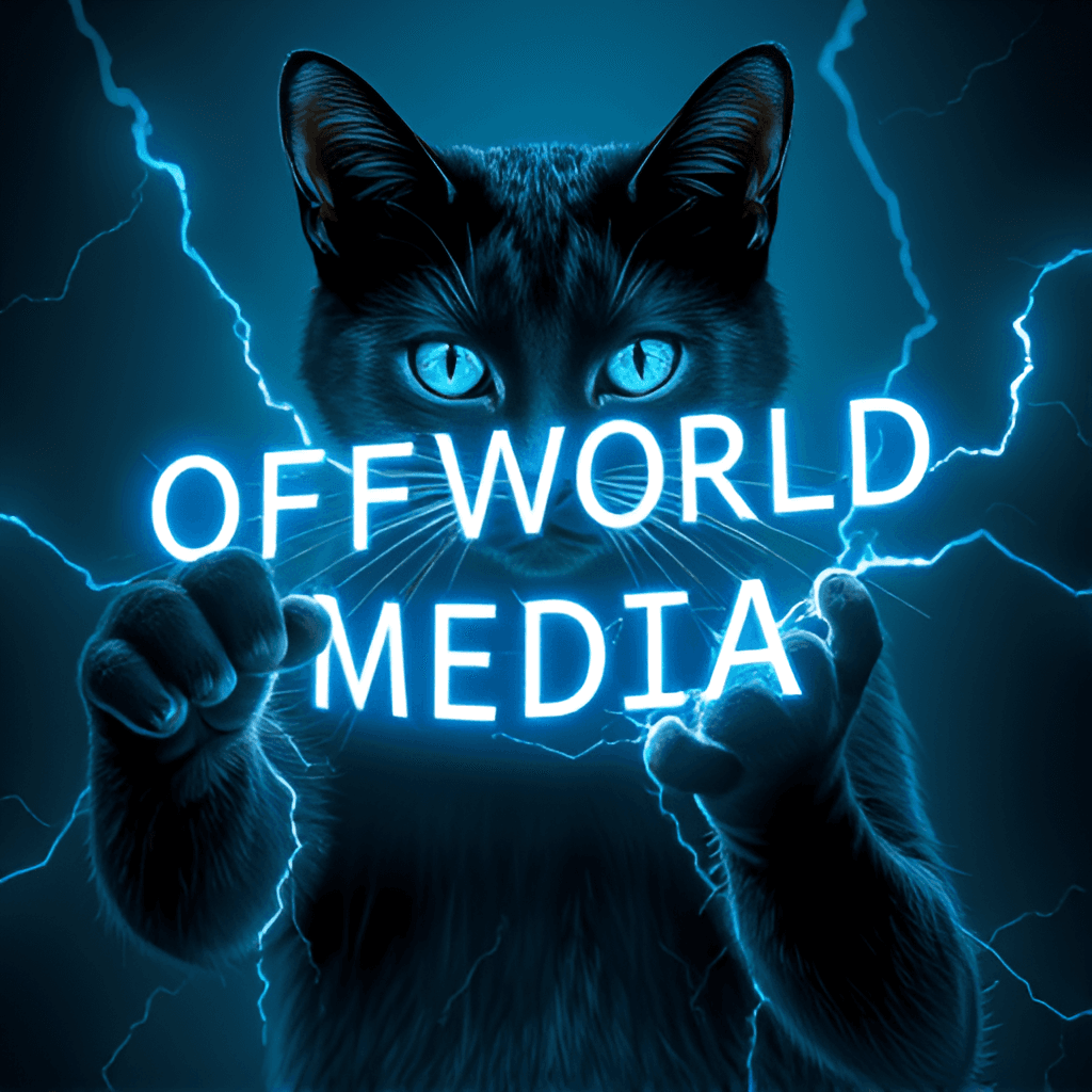 AI generated: a Black Cyberpunk cat, doing a magic trick that spells "OFFWORLD MEDIA" in glowing blue lightning sp...