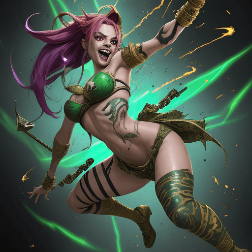 AI generated: painterly style, seductive female League of legends Jinx character fighting at war, raging, crazy sm...