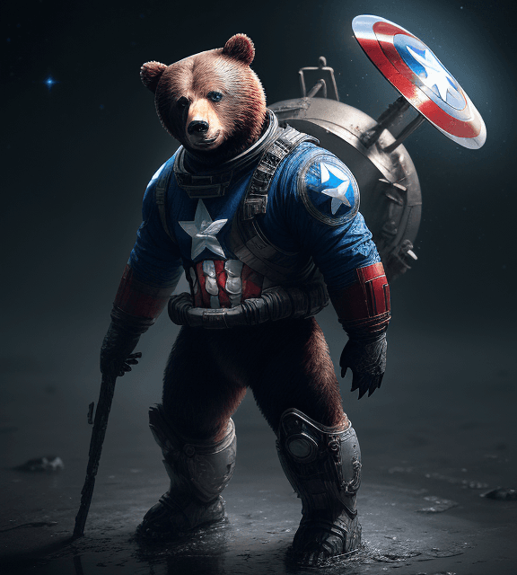 AI generated: the bear is dressed Captain america and standing in an outer space suit, in the style of brushwork e...