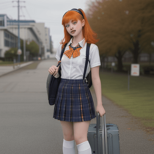 AI generated: masterpiece, mid shot, arafly  16 year old teenage girl with orange hair and a suitcase, a portrait ...