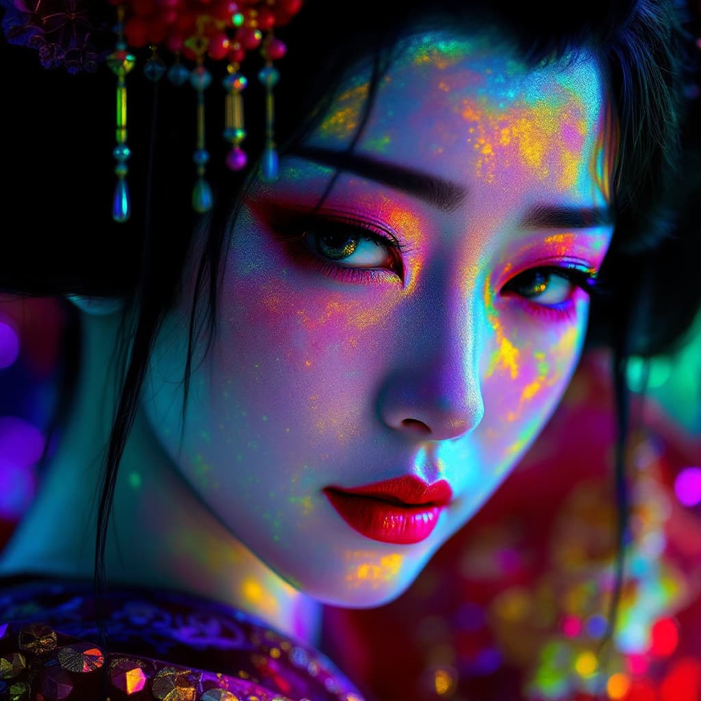 AI generated: phantasmal iridescent, portrat, Japanese black-haired geisha with depressive expression, colorful, s...