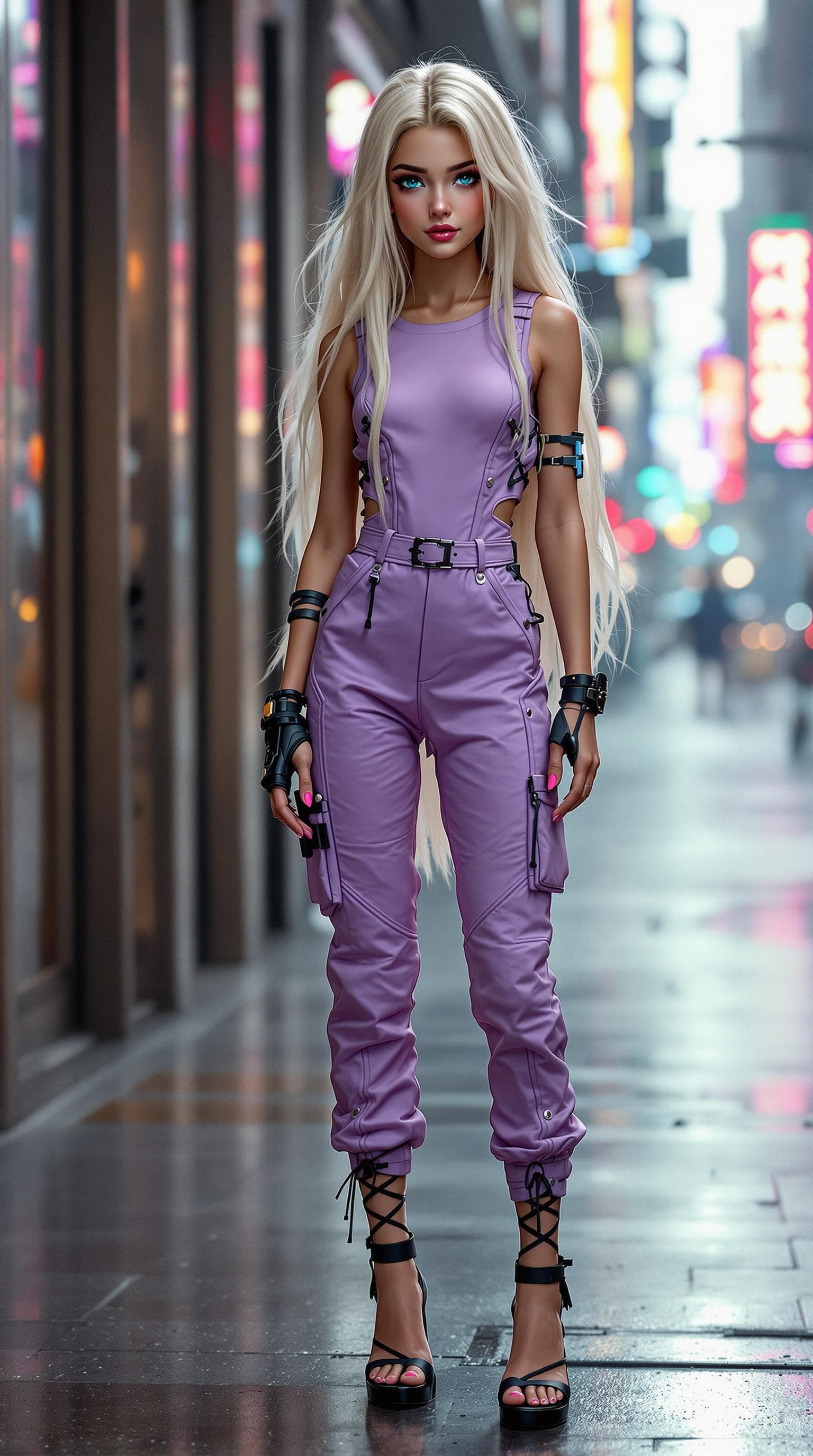 AI generated: a professional photo of a exceptionally beautiful, Cyberpunk Apocalyptic Cute (tween) girl, wearing ...