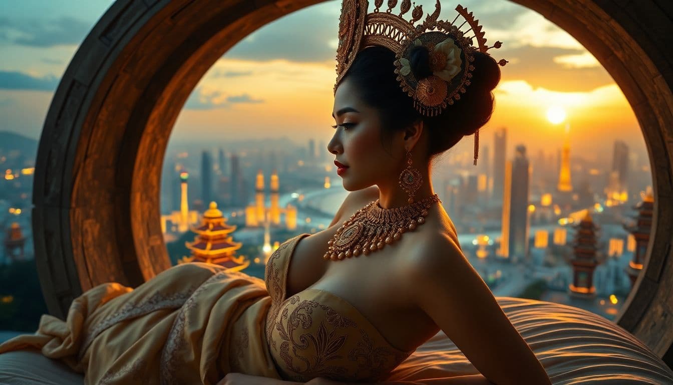 AI generated: An elegant woman, wearing intricate gold jewelry and an ornate headdress. Within a circular stone ar...