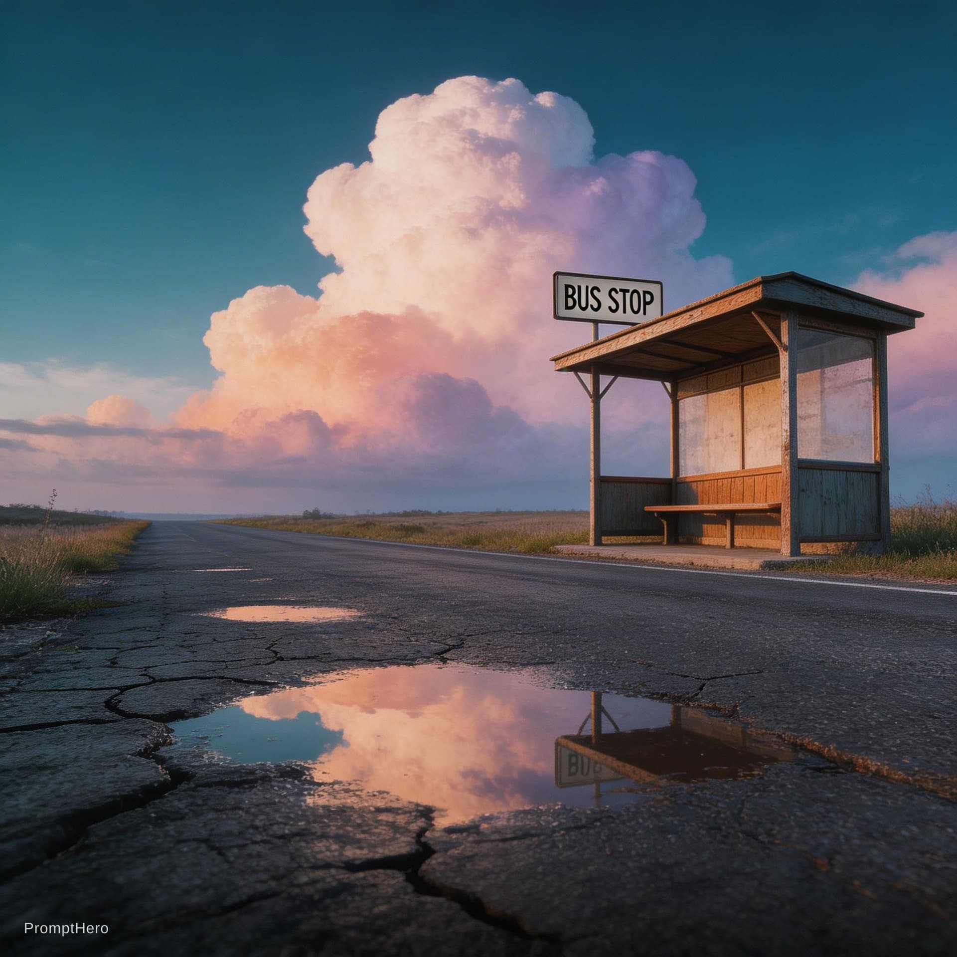 AI generated: illustration art, nostalgic, wide low-angle, small retro roadside busstop, warm orange and teal colo...