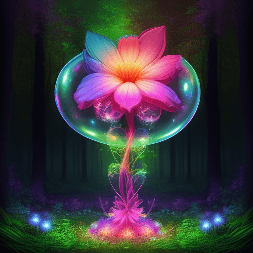 AI generated: psychedelic flower with lightful bubble bloom, standing in forest clearing, digital art