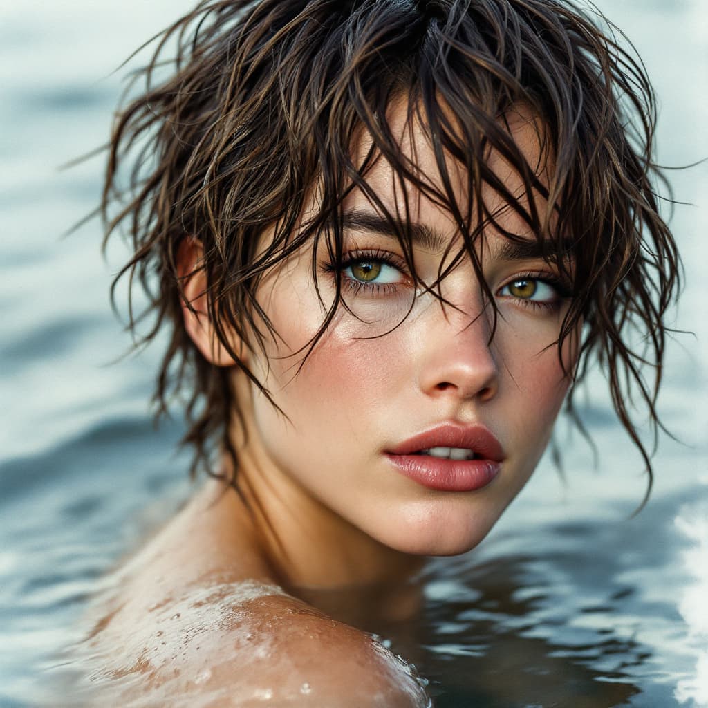 AI generated: A watercolor close-up portrait of a woman with short, messy, wavy hair, wearing a semi-transparent d...