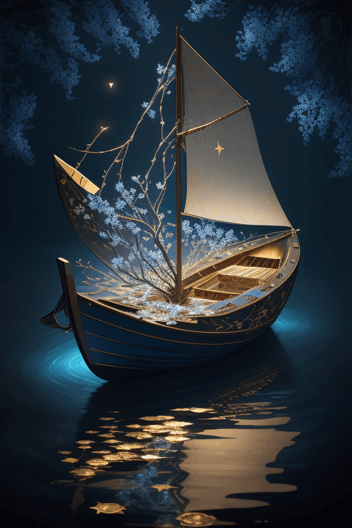 AI generated: Modern Acrylic painting, boat, stars, blue blossom branch, dark tones, gold leaf, whimsical atmosphe...
