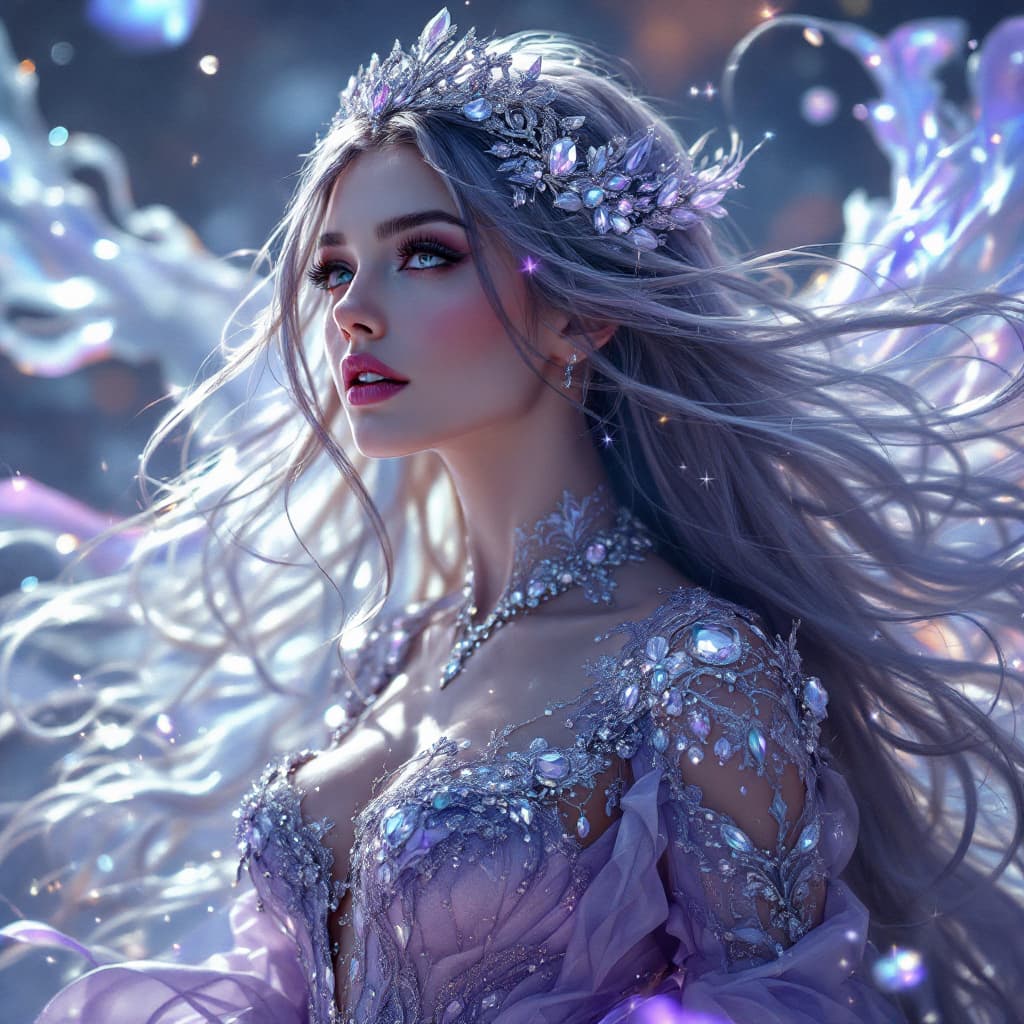 AI generated: The ultimate space princess is a sight to behold, her flowing gown shimmers with ethereal hues of de...