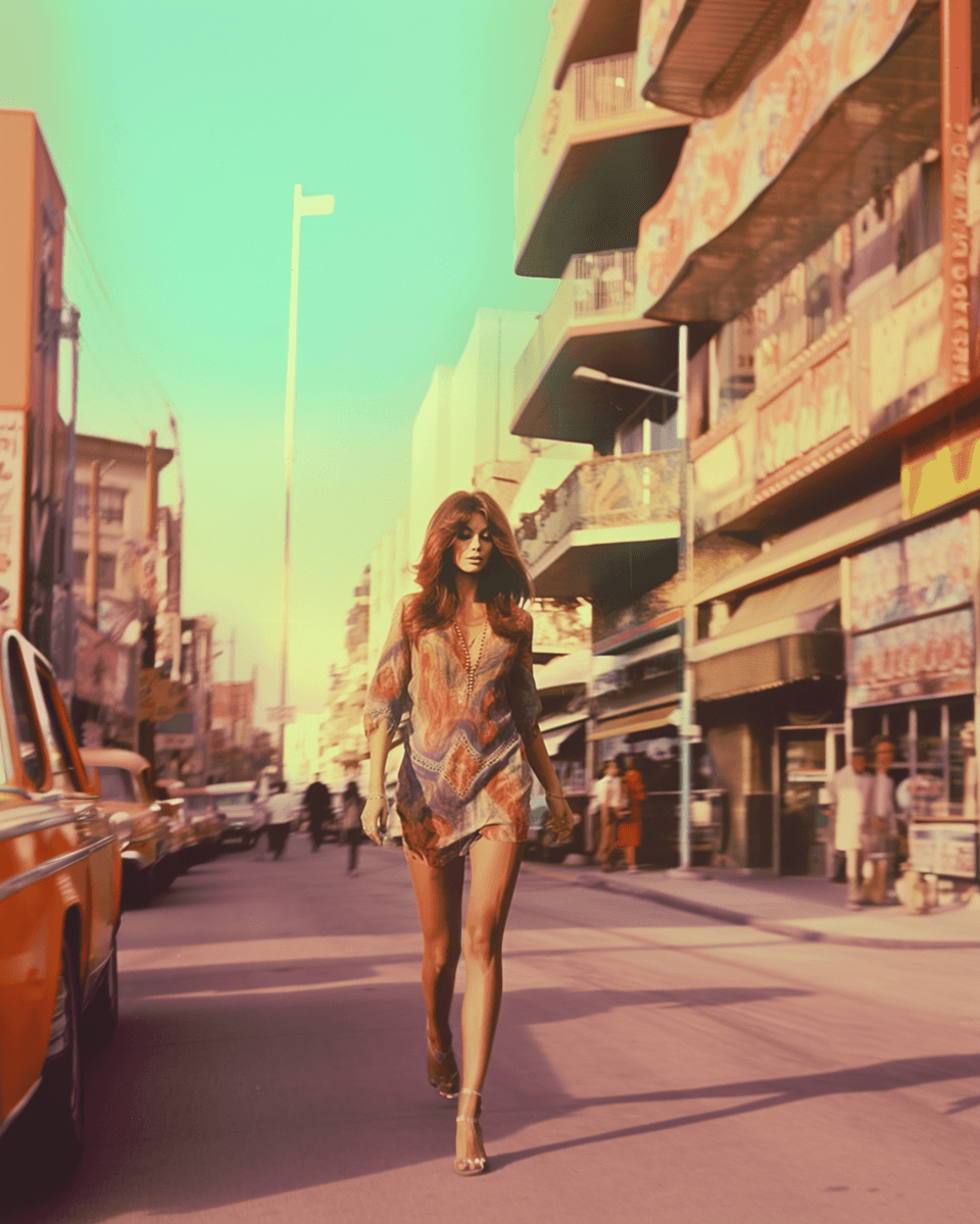 AI generated: psychedelic photo of young raquel welch walking on the street of 1967 Los Angeles, raquel welch is p...