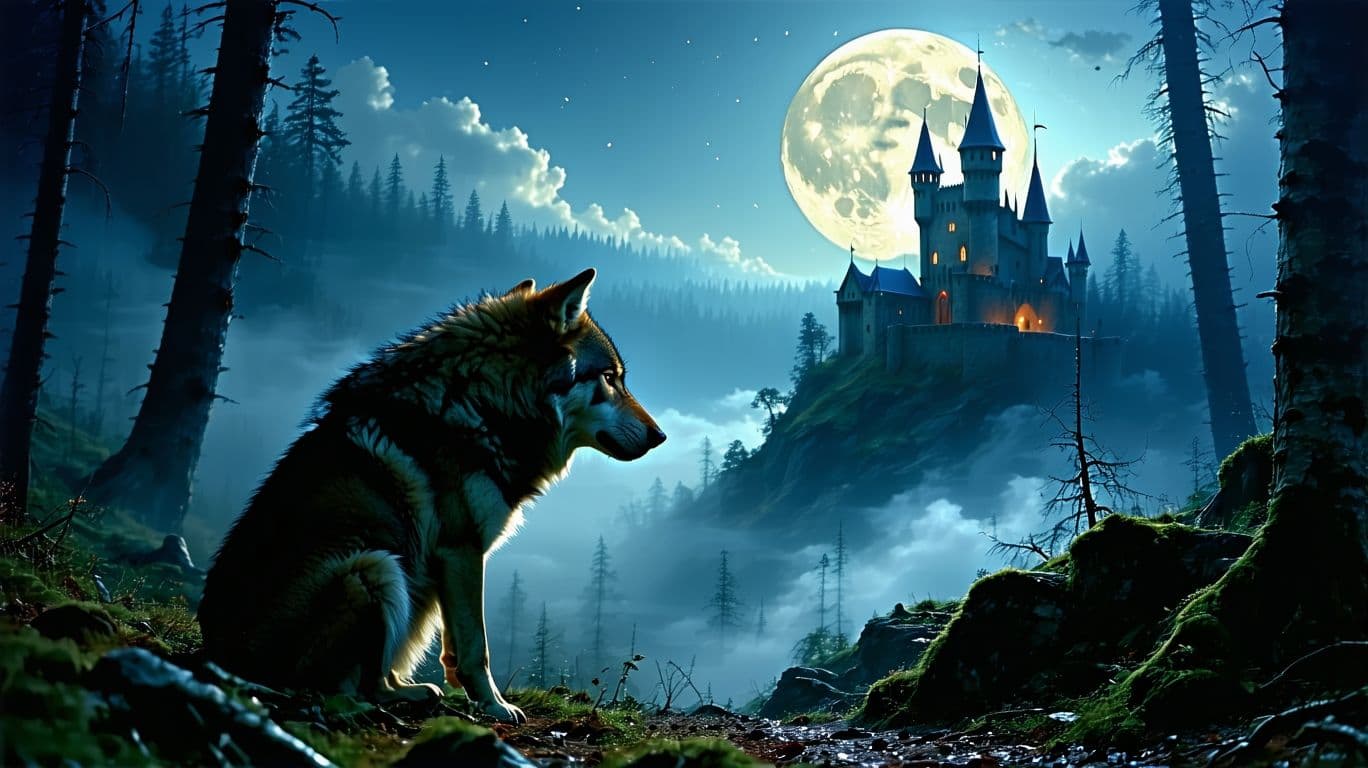AI generated: Count Dracula meets a wolf in majestic Romanian forest, night ambiance, full moon, digital realistic...