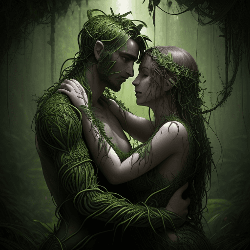 AI generated: A man and woman hugging each other in the jungle, in the style of ethereal figures, made of vines, p...