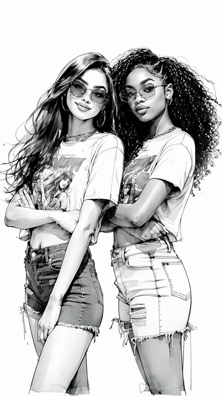 AI generated: Black and white ink sketch of two young women, one of East Asian descent and the other of African de...