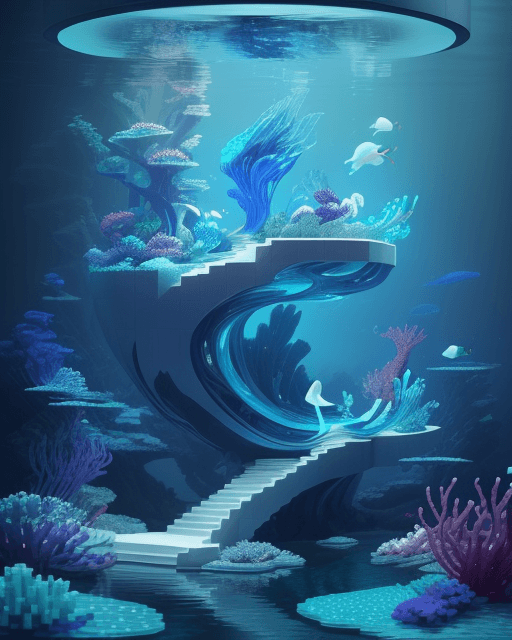 AI generated: An individual finds themselves perched on the boundary of a streamlined, blue-toned body of water, e...