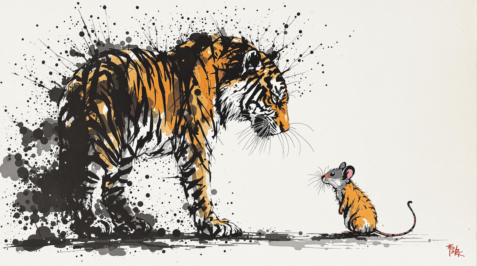 AI generated: a earthsized mouse standing around a tiger ,the tiger and the mouse are same sized,detailed,ink styl...