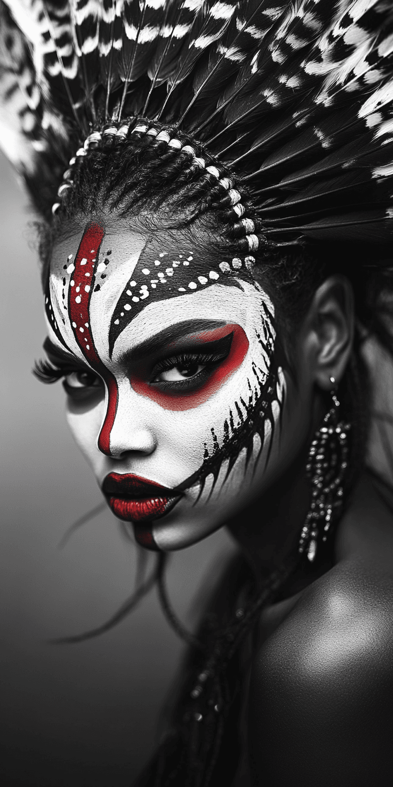 AI generated: A striking black and white portrait of a woman, featuring elaborate tribal-inspired face paint in vi...