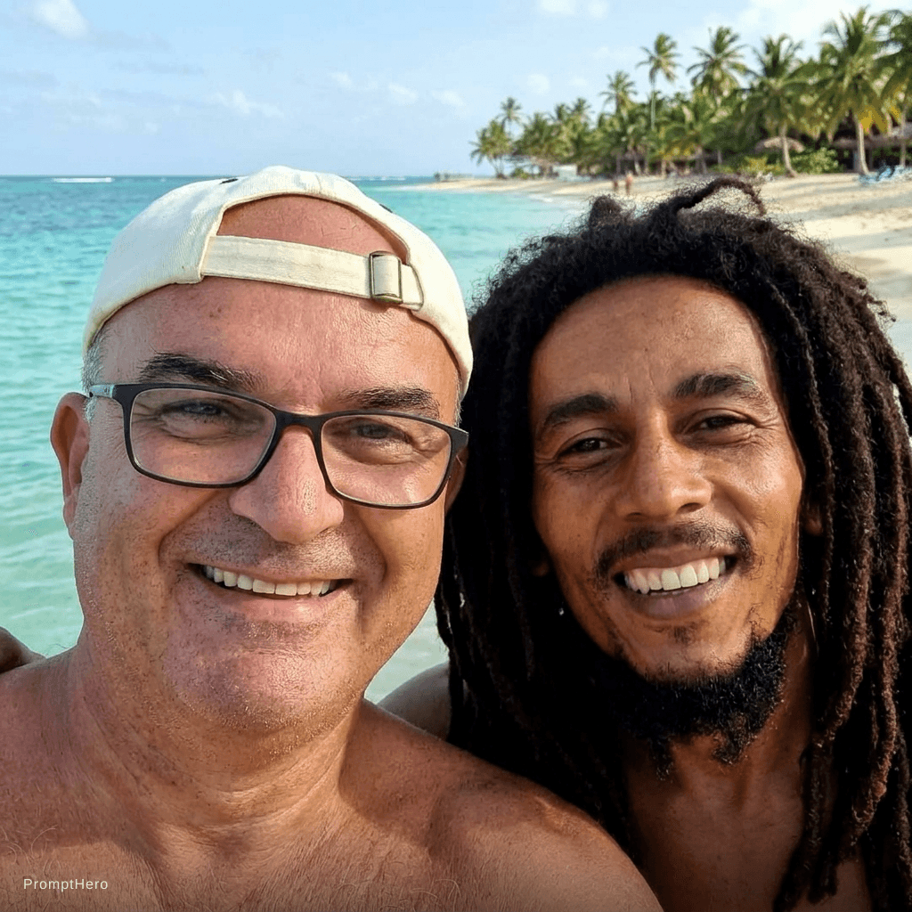 AI generated: with bob marley at a tropical beach, sunny day, both smiling