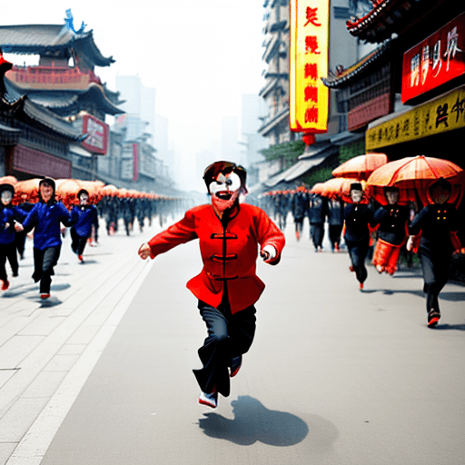 AI generated: A Chinese madman is chasing people on the street in China, people are escaping, cartoon