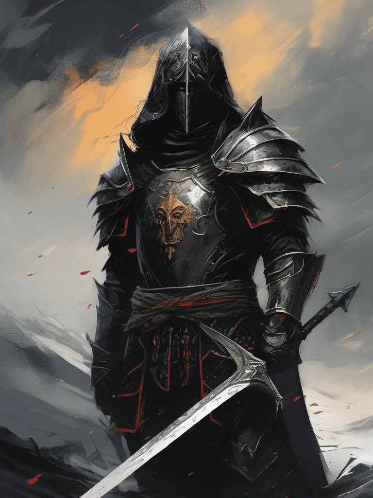 AI generated: medium close up, stunning illustration of a demonic warrior in black medieval armor, masked face, cl...