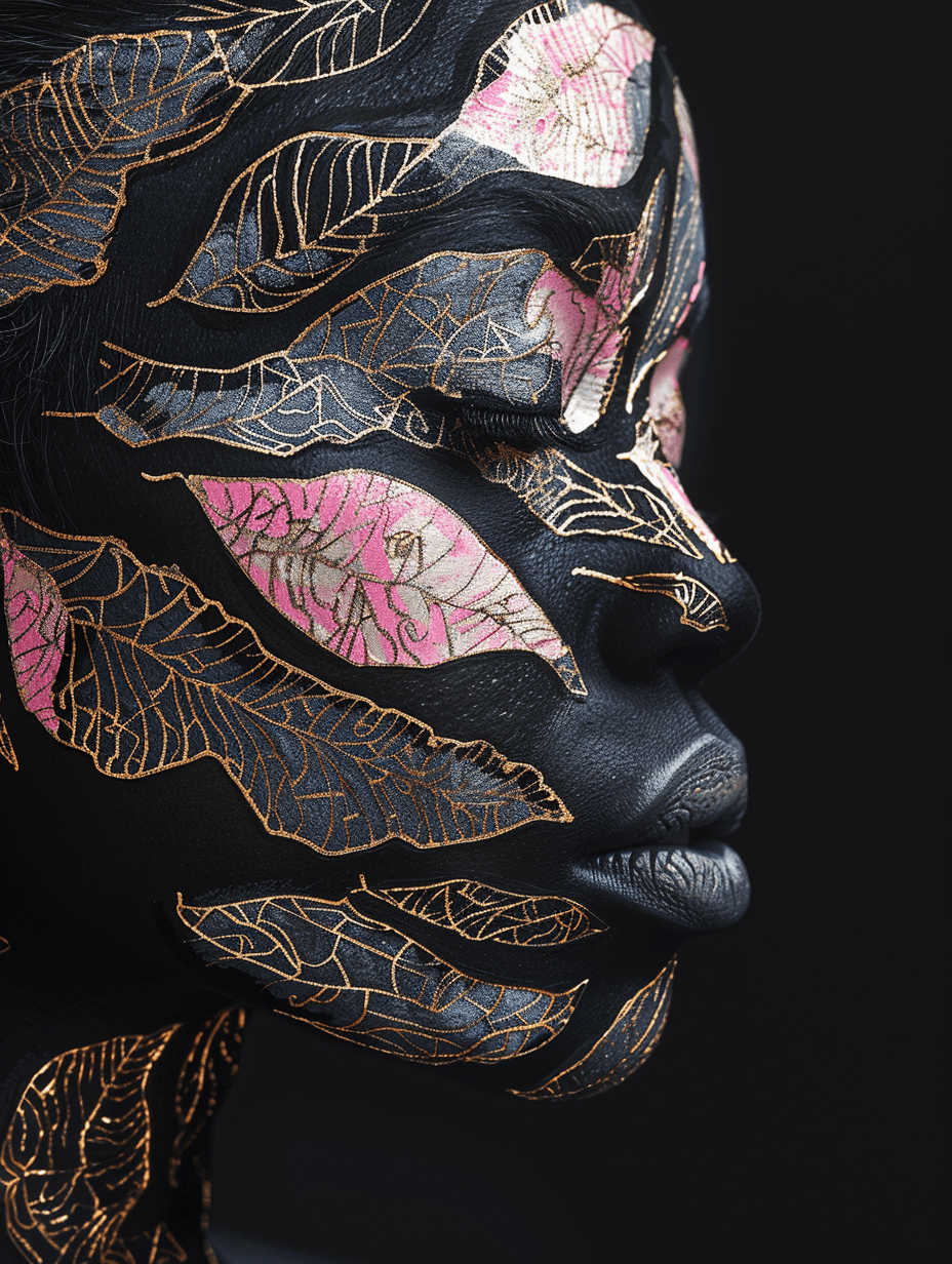 AI generated: portrait of a woman, body art, black, pink, white, abstraction, sculpted, shading, bold, 3D, UHD, fr...