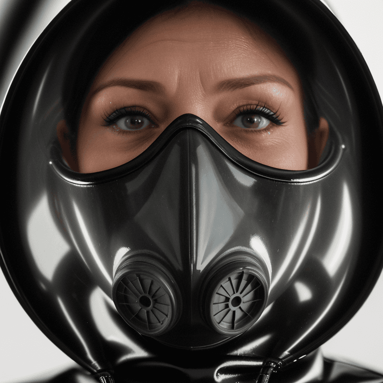 AI generated: hyper realistic headshot photo of a 40 year old woman, wearing a latex gas mask, a latex suit with l...