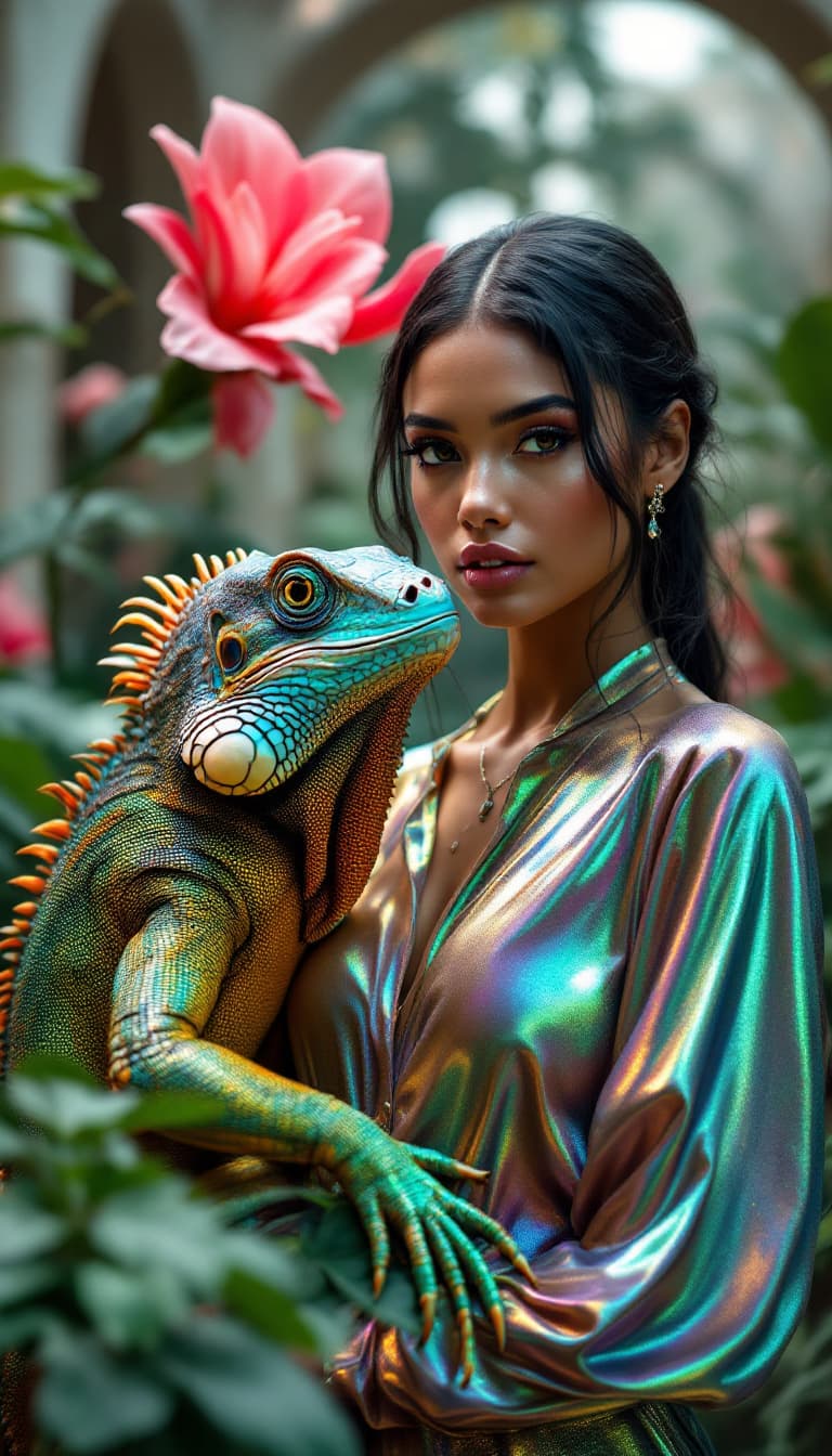 AI generated: a closeup photo of a gorgeous model wearing a shimmering metallic blouse with a huge iridescent rain...