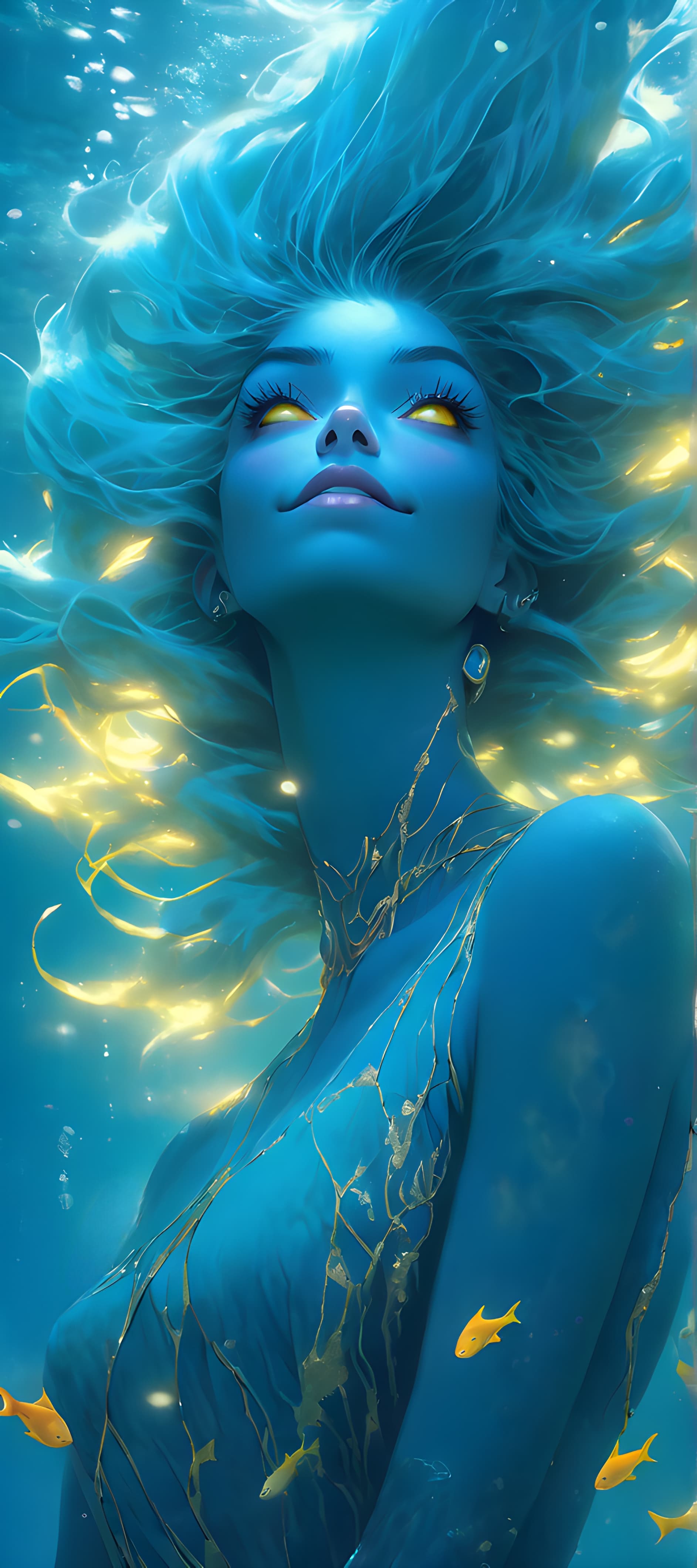 AI generated: anthropomorphic fem incredible creature from the Mariana Trench, ultramarine hair and gold eyes, ult...