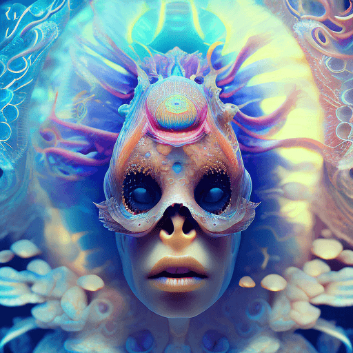 AI generated: Goddess close-up portrait ribcagel. jellyfish phoenix head, nautilus, orchid, skull, betta fish, bio...