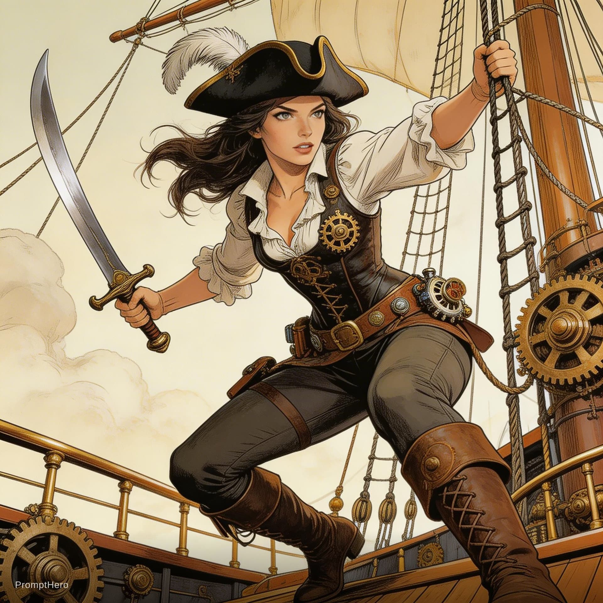 AI generated: Comic book cover illustration, full body shot 3/4 low-angle view of a young beautiful female pirate,...