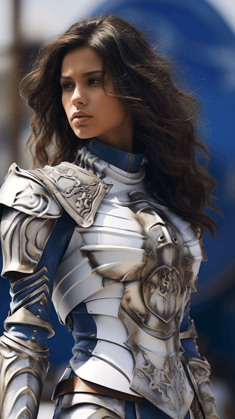 AI generated: ((masterpiece, best quality, detailed)), outdoor arena, wind_lift, nina dobrev as a modern gladiator...