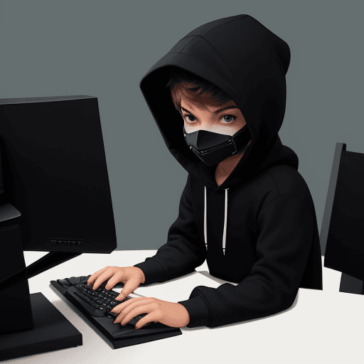 AI generated: Create boy character sitting at desk with keyboard and mouse, looking a computer screen, mask,  wear...
