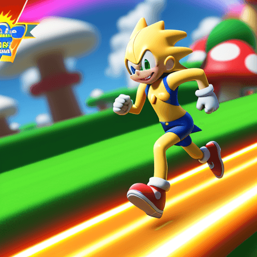 AI generated: Super sonic running, in Mushroom Kingdom background, 32k, closeup, trending on poltcount 3D, game --...